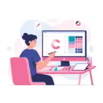 Graphic designer working on brand logo and color palette using creative tools.