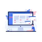 Designer creating a WordPress website landing page with a responsive layout on a laptop screen.